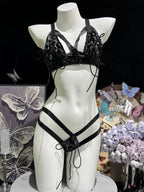 Mirror-Finish Patent Leather 3-Piece Bikini Lingerie Set - Lace-Up Cutout Bra, Strappy Thong & Gloves