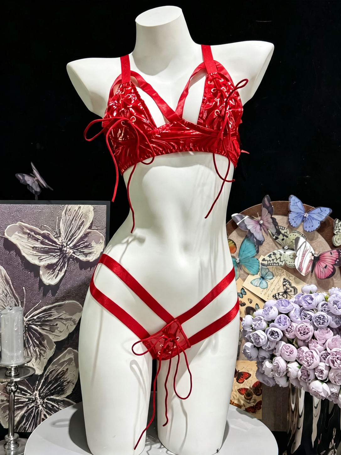 Mirror-Finish Patent Leather 3-Piece Bikini Lingerie Set - Lace-Up Cutout Bra, Strappy Thong & Gloves