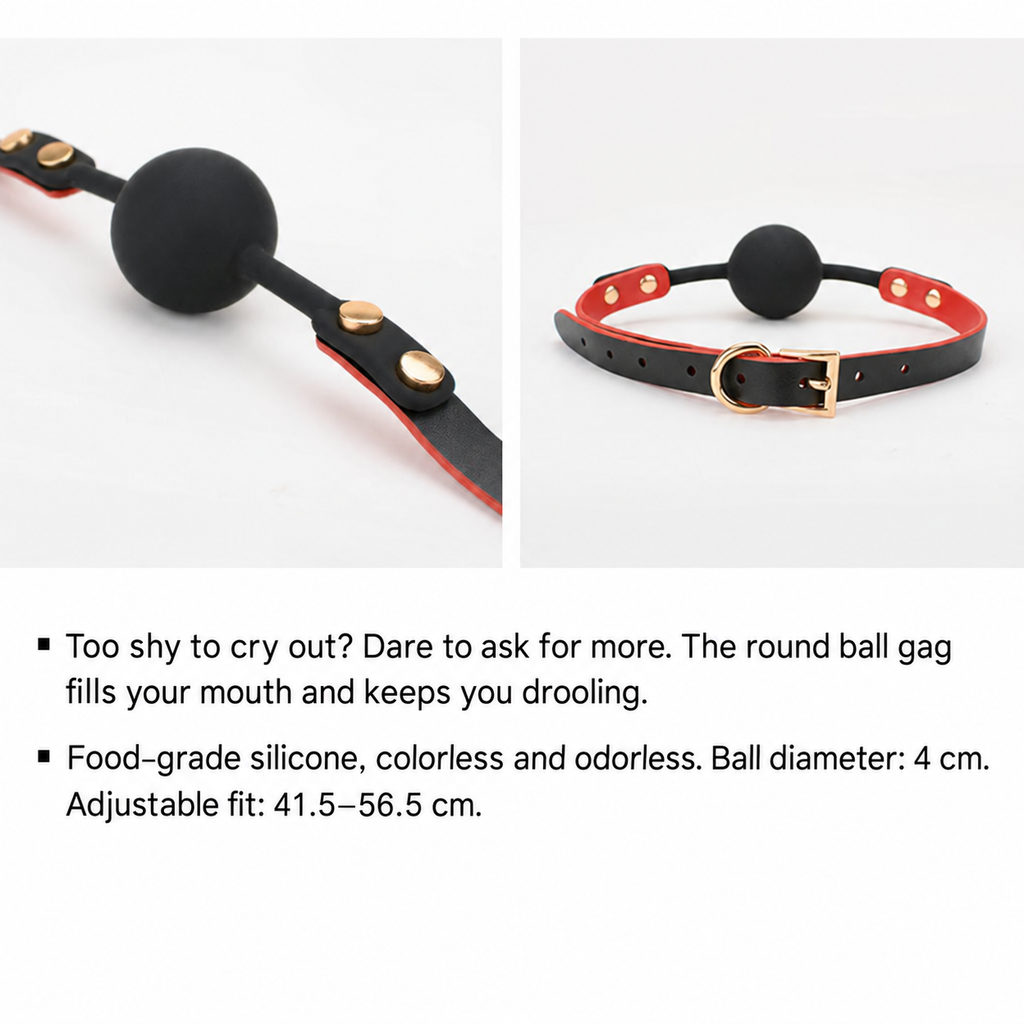Adjustable black silicone ball gag with PU leather strap and gold-tone buckle