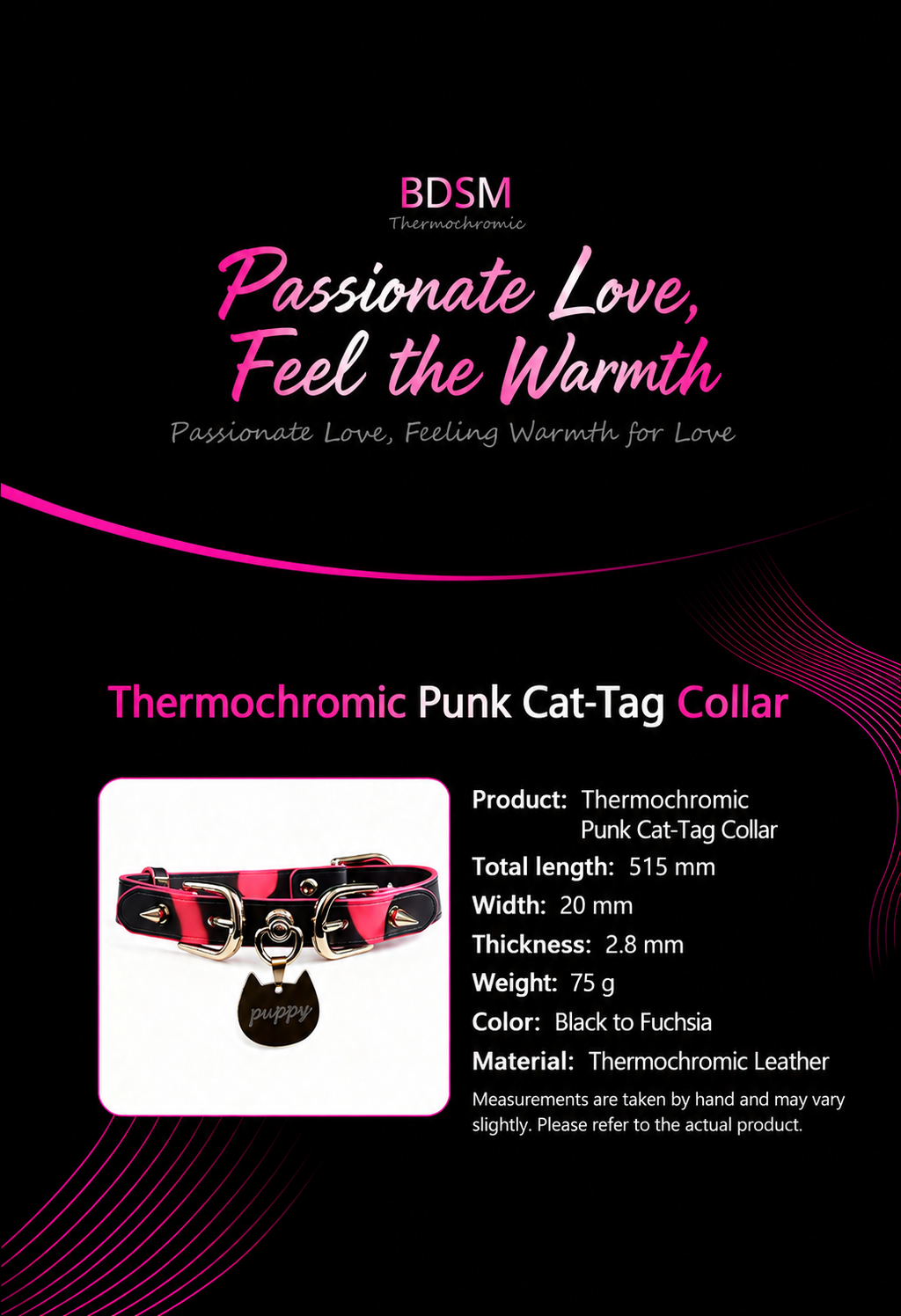 Product graphic showing black thermochromic collar changing toward fuchsia with warmth