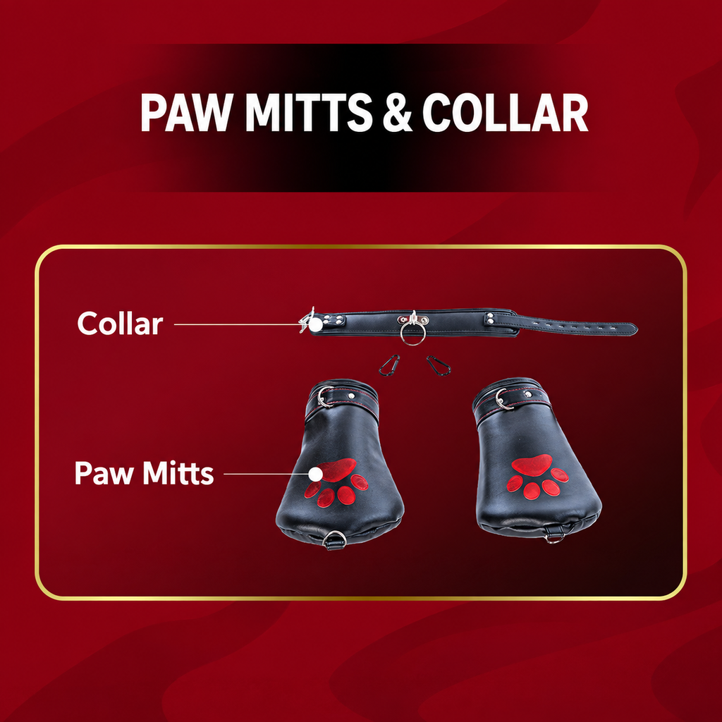 Black PU leather paw mitts and adjustable collar with red paw-print details