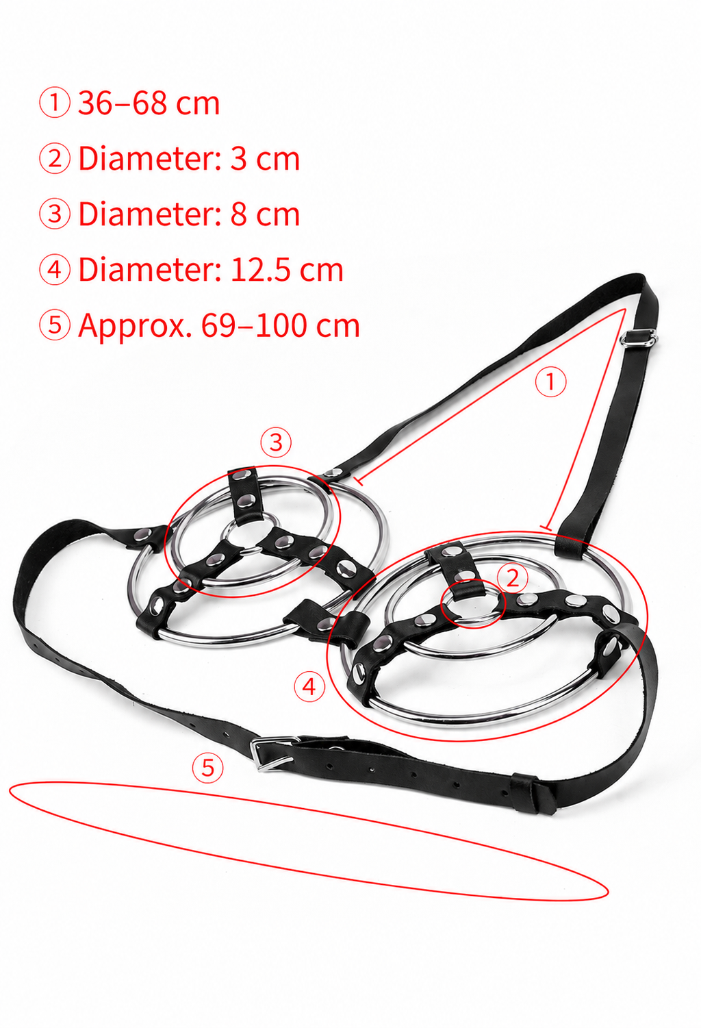 Black open-cup harness bra with concentric silver-tone rings and adjustable black straps on white background