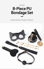 Black eight-piece PU leather bondage accessory set with cat mask and gold-tone hardware