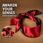 Red and black satin scarf blindfold shown with wrist tie styling