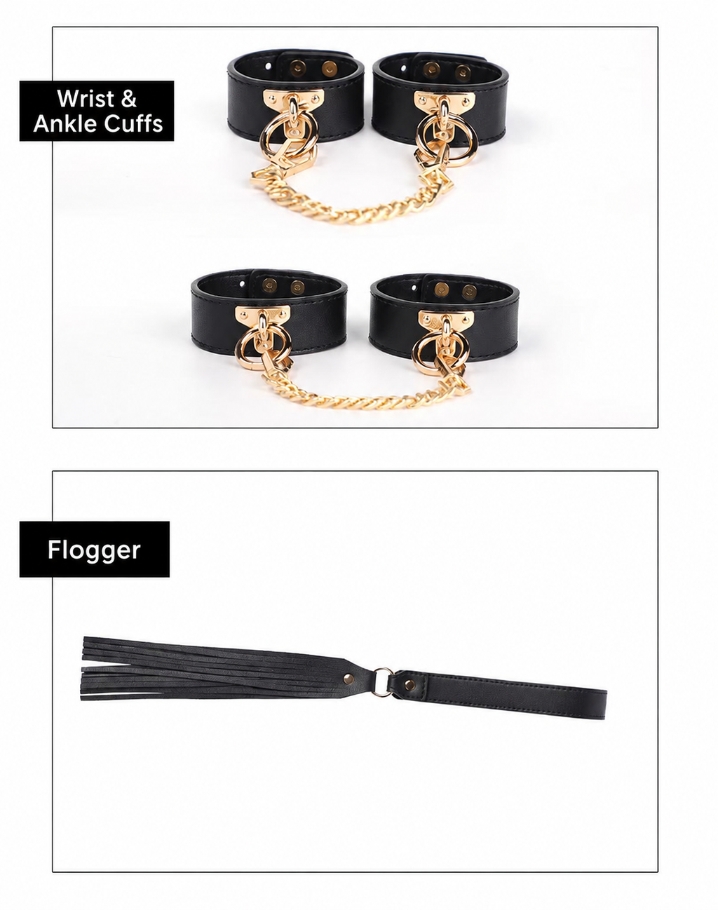 Black PU leather wrist and ankle cuffs with chains and matching flogger