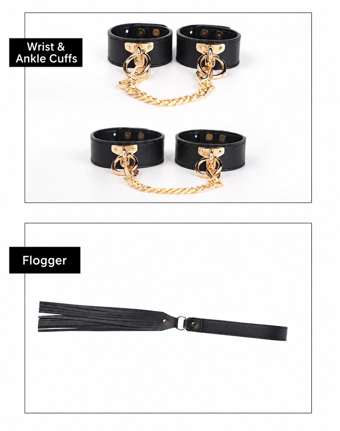 Black PU leather wrist and ankle cuffs with chains and matching flogger