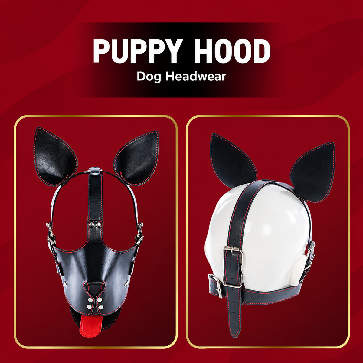 Black PU leather puppy hood with upright ears, muzzle, tongue, and adjustable buckles