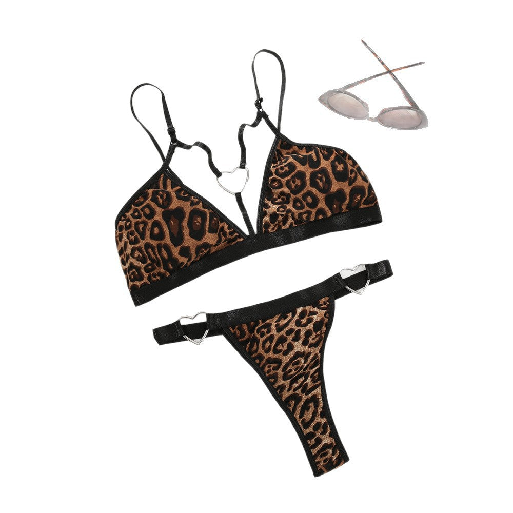 Heart Ring Leopard Print Bikini Lingerie Set Flat Lay