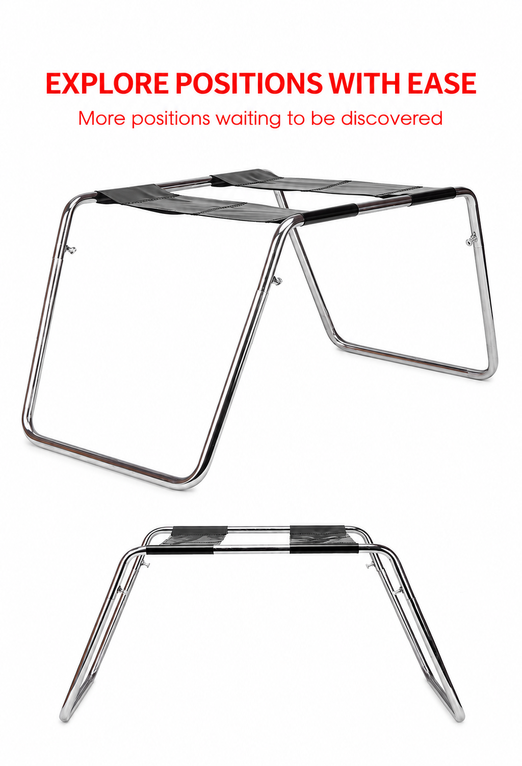 Couples’ intimacy chair with metal trapezoid frame and black support panels shown assembled