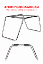 Couples’ intimacy chair with metal trapezoid frame and black support panels shown assembled