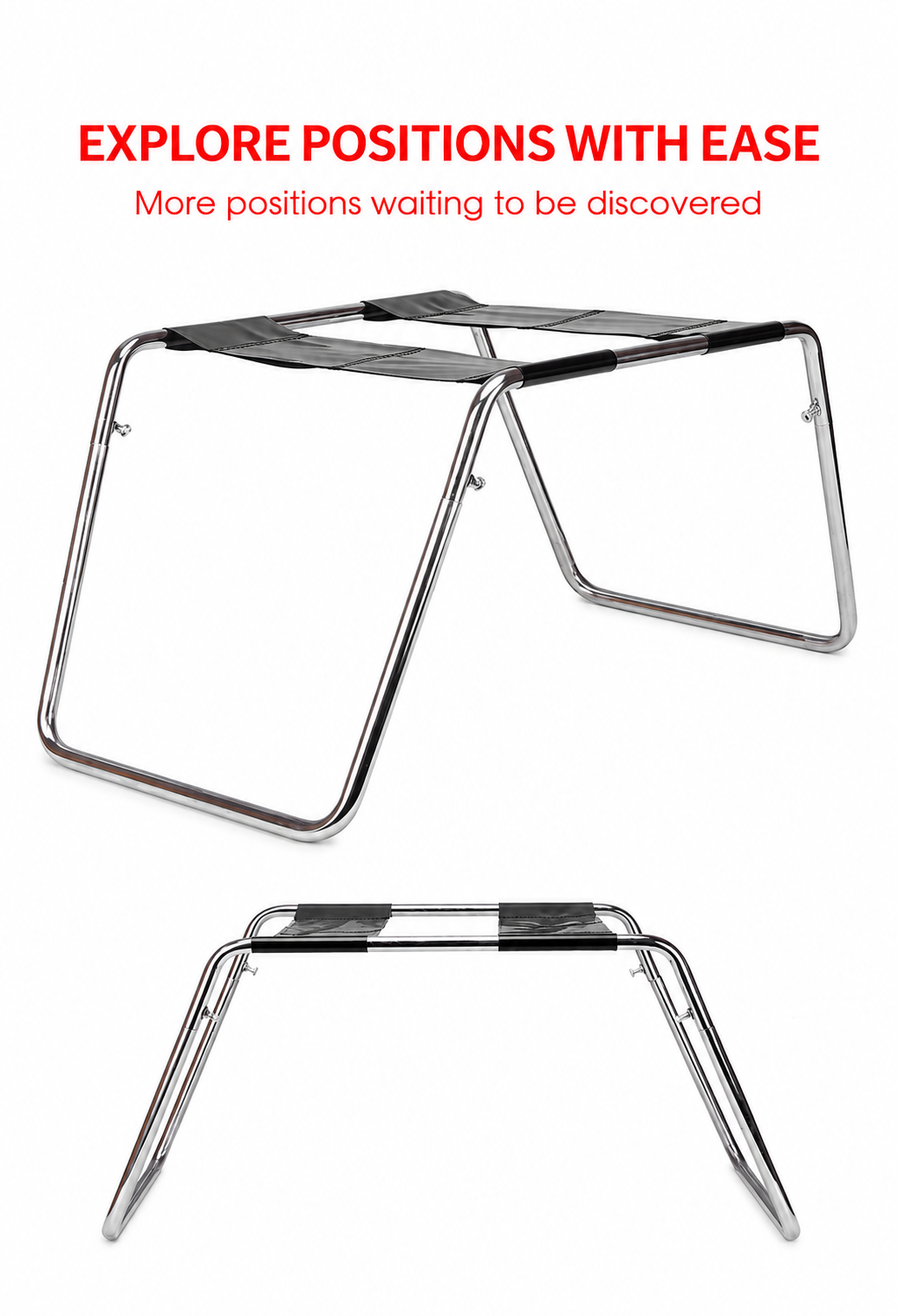 Couples’ intimacy chair with metal trapezoid frame and black support panels shown assembled