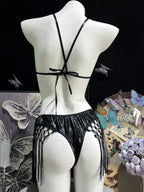 Patent Leather Triangle Bra & Fringe Tassel Bikini Set - Mannequin Back Detail