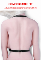 Back view of black adjustable harness bra on adult model showing neck and back straps