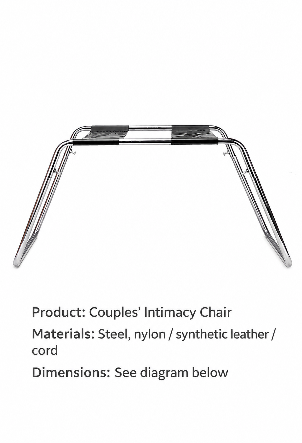 Couples’ intimacy chair product image listing steel, nylon, synthetic leather and cord materials