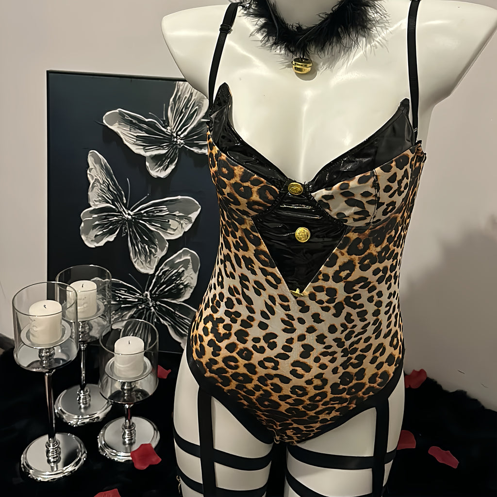 Leopard Print Faux Leather Bustier Teddy Bodysuit with Garter Straps & Cat Ear Set