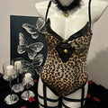 Leopard Print Faux Leather Bustier Teddy Bodysuit with Garter Straps & Cat Ear Set