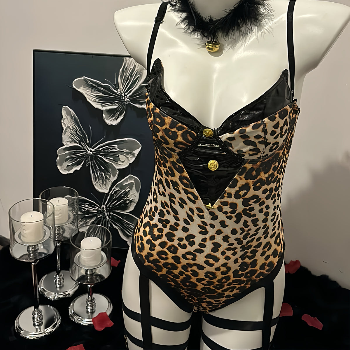 Leopard Print Faux Leather Bustier Teddy Bodysuit with Garter Straps & Cat Ear Set