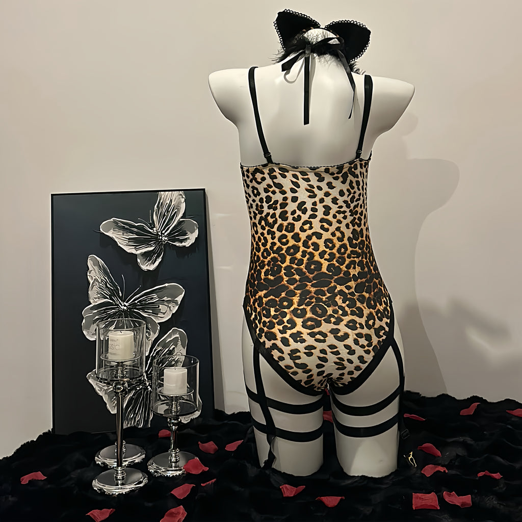 Leopard Print Faux Leather Bustier Teddy Bodysuit with Garter Straps & Cat Ear Set
