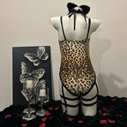 Leopard Print Faux Leather Bustier Teddy Bodysuit with Garter Straps & Cat Ear Set